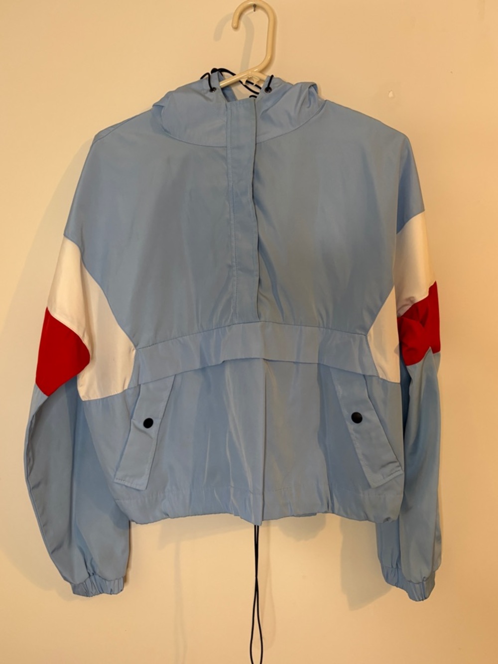 Forever 21 Light Blue Hooded Windbreaker Jacket with Red & White Accents